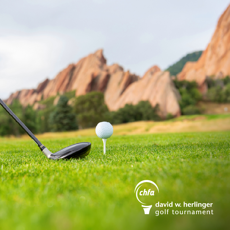 A golf ball and club in front of red rocks with the chfa golf tournament logo in the lower right corner.