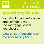 interactive intersection Questions to Ask You should be comfortable and confident with the mortgage lender you choose.  View a list of questions to consider asking them.
