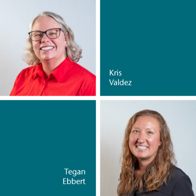 Headshots of Tegan Ebbert and Kris Valdez with their names next to their headshots in text