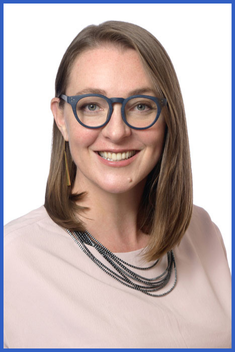 Headshot photo with a blue frame of Dr. Jenell Stewart 