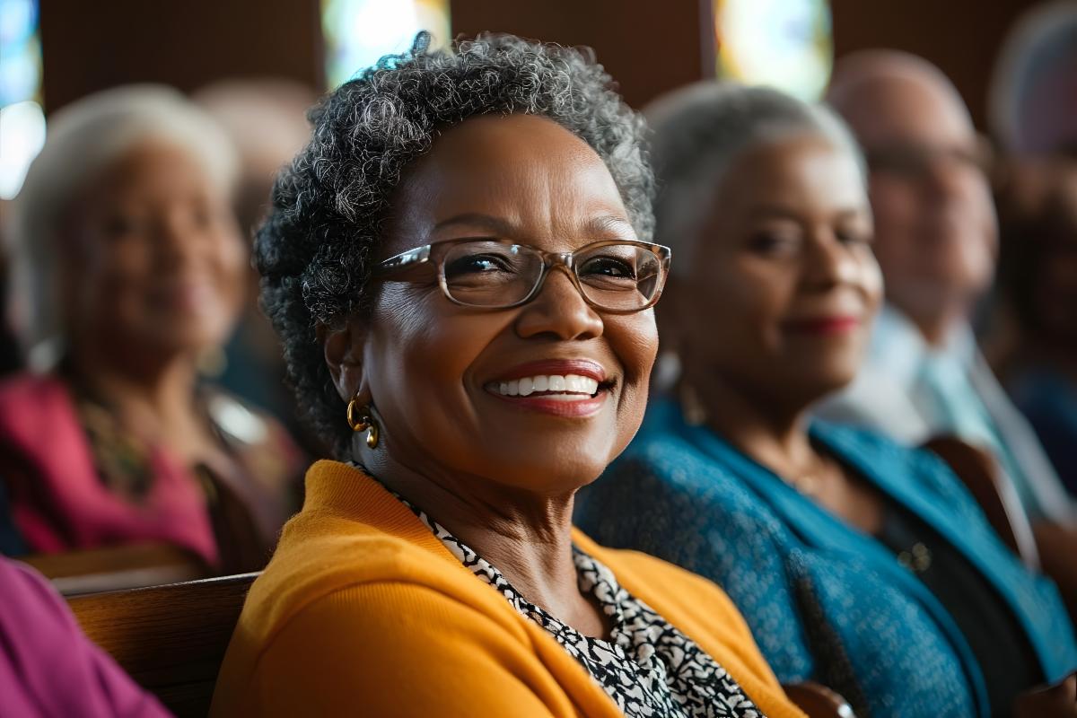 Elderly community members at church, a joyful African American woman in the center, surrounded by friends and family.