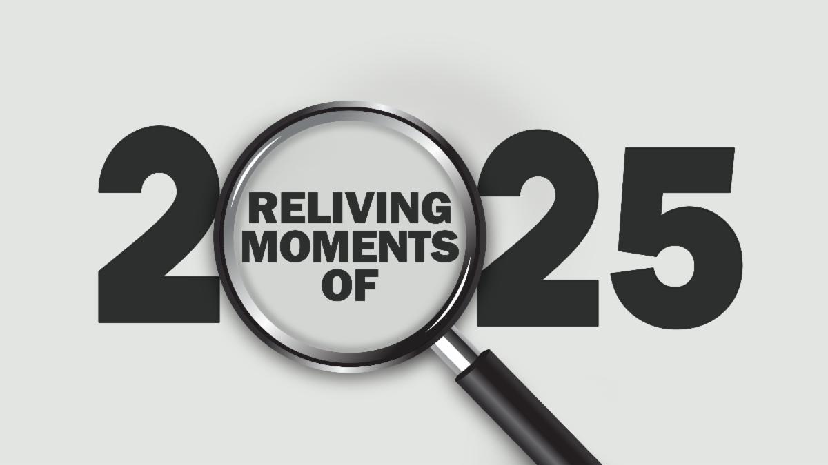 Minimalist graphic of bold black "2025" with a magnifying glass highlighting the word "reliving moments of" in the digits. Light gray background, symbolizing review, summary, and yearly reflection.