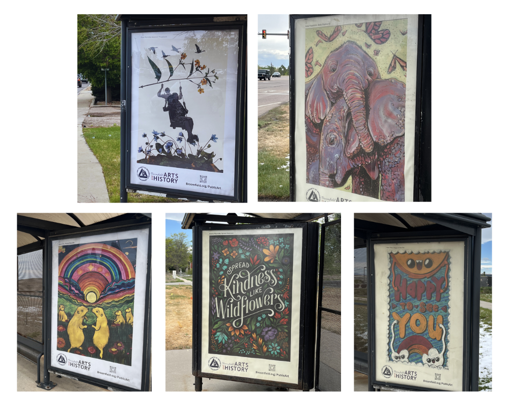 pictures of artwork installed at bus stops around Broomfield. 