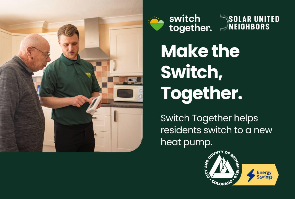 Dark green background with a photo of a technician helping a resident with a smart thermometer. Text reads, "Make the switch together. Switch Together helps residents switch to a new heat pump." 