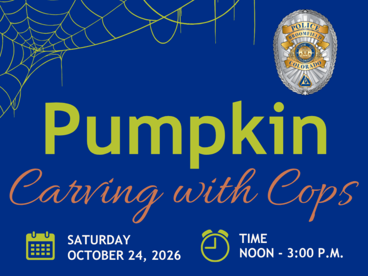 Royal blue background with Broomfield Police Department police badge.  Green and orange text reads "Pumpkin carving with Cops"