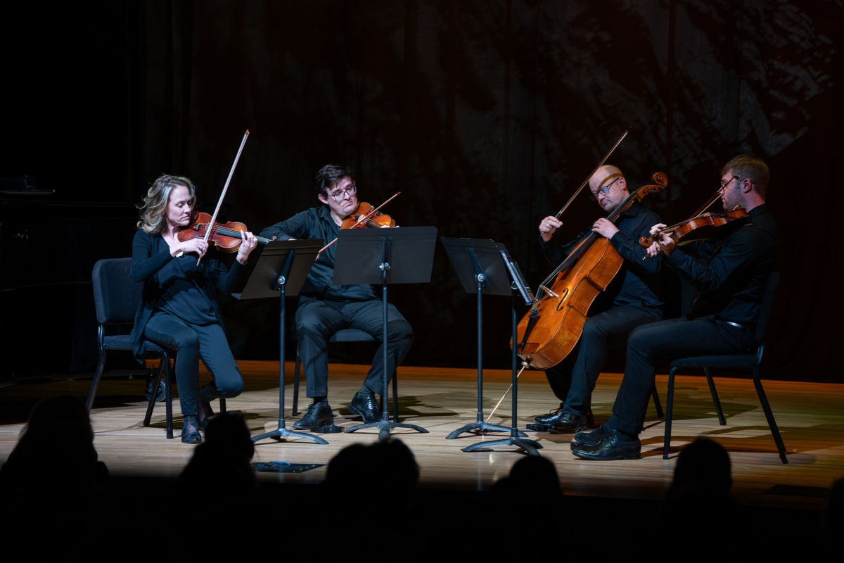 A string quartet perform on a stage in a spotlight in a darkened concert hall. Silhouettes of audience members heads are visible in the foreground.