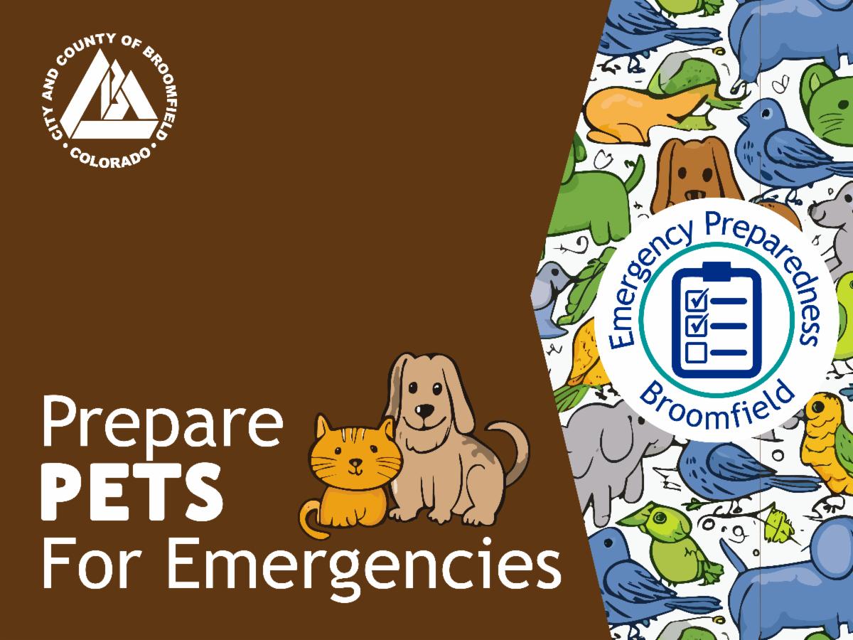A brown background on the left and white background with blue, green, gray, and yellow animals to the right.  Text overlay states, "Prepare Pets for Emergency" and the CCOB logo is at the top left.  