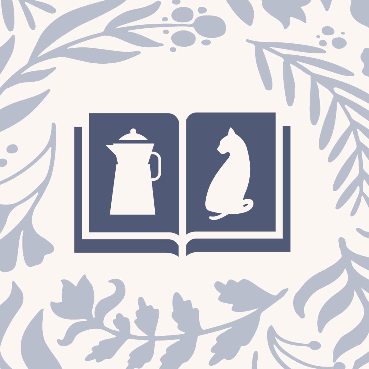 A Sanctuary Cafe logo with book, cat and coffee pot