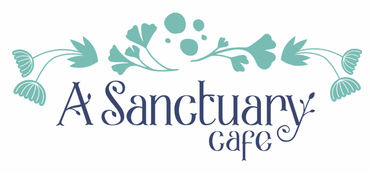 A Sanctuary Cafe Logo with botanical border