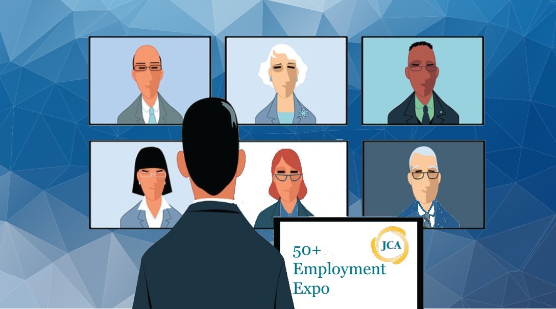 JCA Employment Expo a man looking at a computer screen with 6 age 50 or better people smiling back register at virtualexpos.accessjca.org 