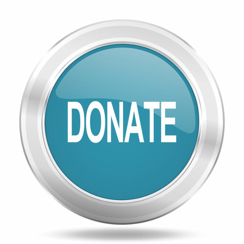 donate icon, blue round metallic glossy button, web and mobile app design illustration