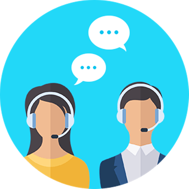 figures with headsets and word bubbles