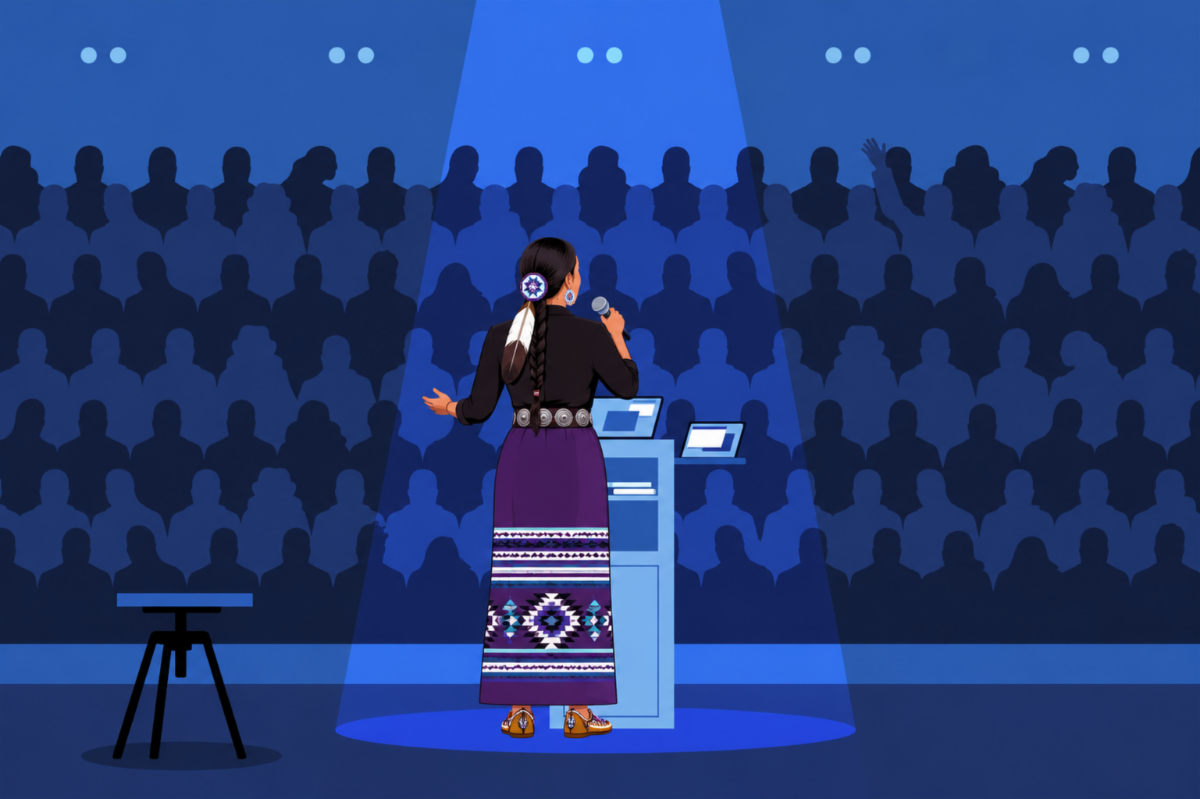 image of a Native American woman presenting in front of an audience