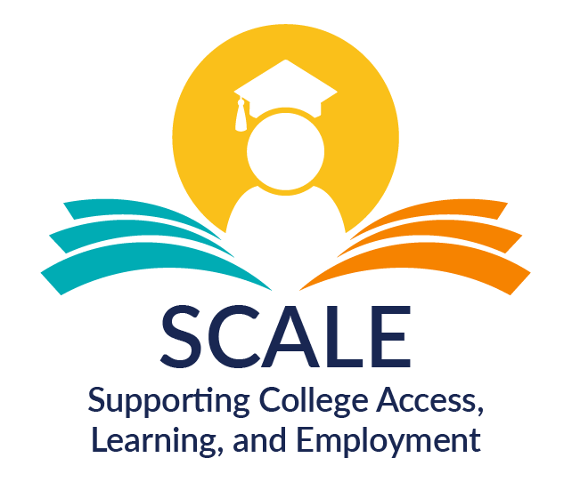 SCALE supporting college access learning and employment logo shows a person with graduation cap and pages of a book