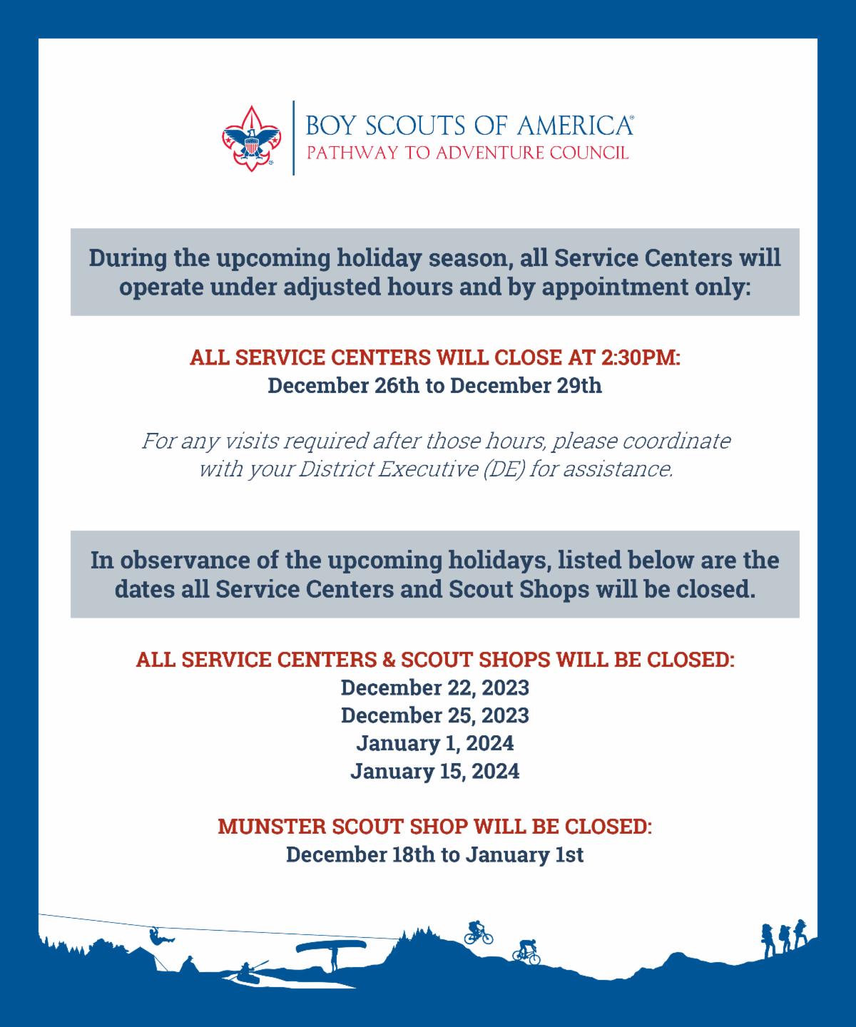 Holiday Service Centers and Scout Shop Hours