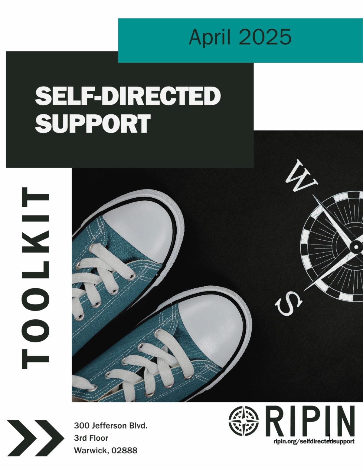 the cover page of the self directed support toolkit. it features an image of sneakers moving towards a compass on the ground