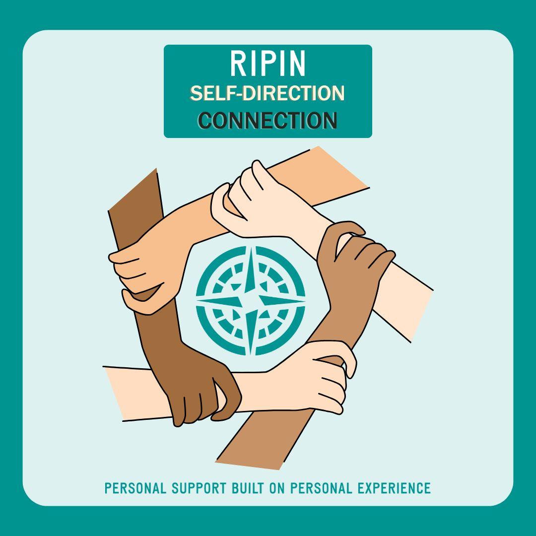 people's arms linked together with ripin's compass logo in the middle