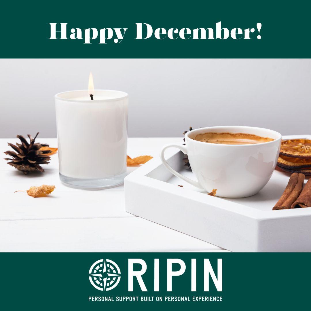 this image shows a person holding a warm drink in a mug by a candle and a pinecone and cinnamon sticks and says happy december