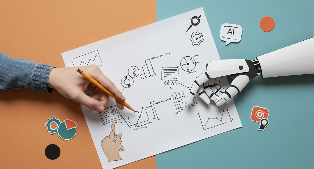 Image of a human hand holding a pencil and a robot hand collaborating on a design sketch on a 