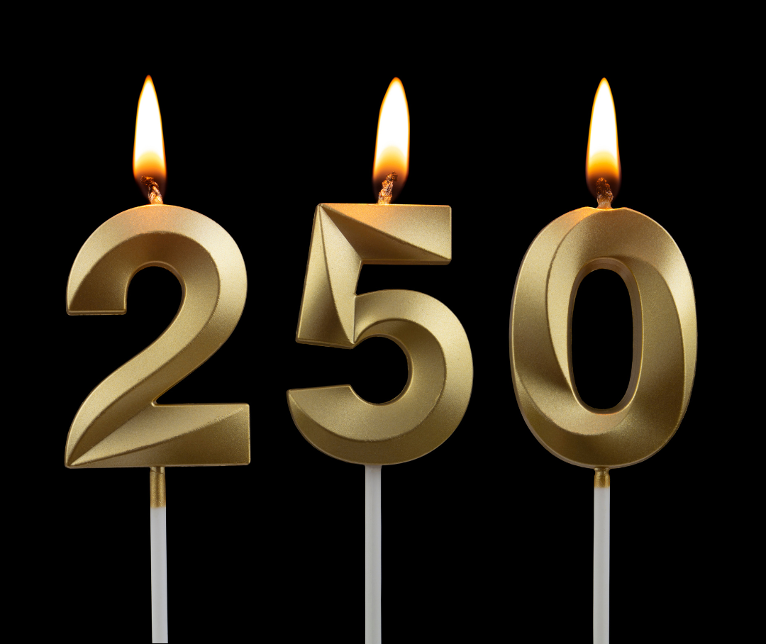 The number 250 as lit birthday candles