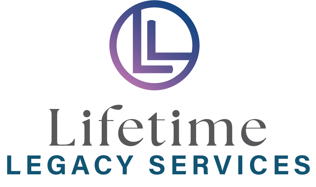 Image of logo for Lifetime Legacy Services. A circle with 2 overlapping L. Gray background purple logo and text in Dark Gray and Teal Blue.