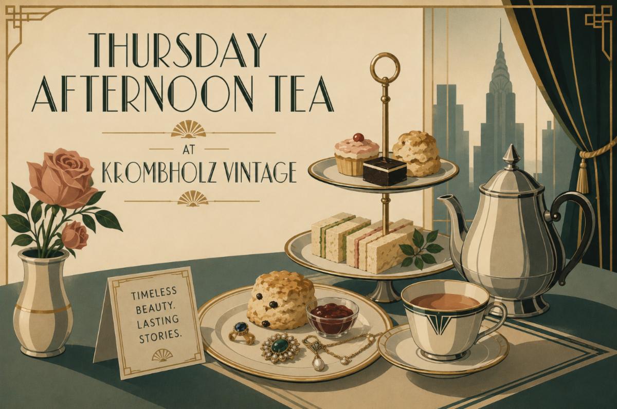 Thursday Afternoon Tea at Krombholz Vintage, illustrated with tea, sandwiches, and pastries