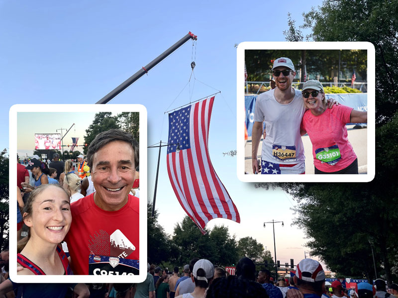 Peachtree Road Race 2025 with insets of bank employees participating