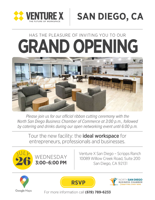 You are Invited to Venture X San Diego, CA Grand Opening Celebration!