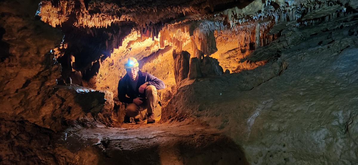 VDOT Salem District's Assistant Environmental Section Manager Eric Kessler caving in Dixie Caverns 