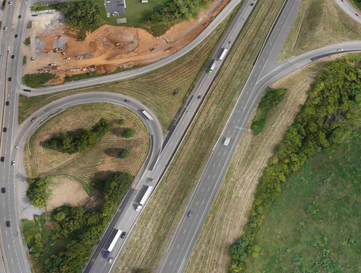 Aerial photo of interstate off and on ramps
