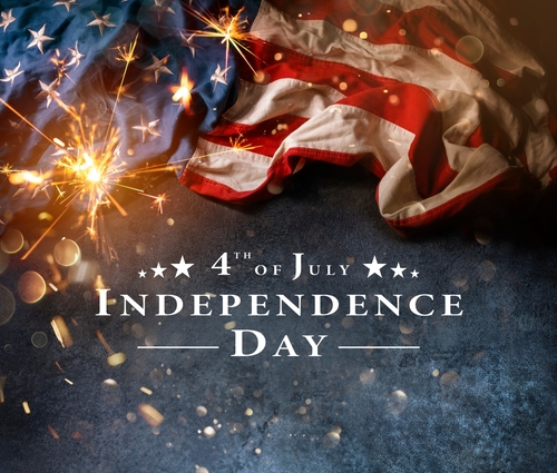 4th July Card - Usa Flag With Sparkler On Black Stone And Abstract Bokeh - Independence Day Text