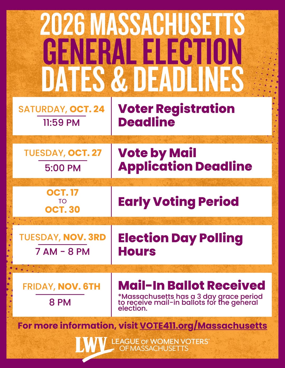 Visit vote411.org/massachusetts for important voting information for Massachusetts