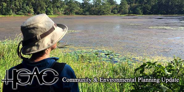 Person looking across a water body with H-GAC and Community and Environmental Planning Update text overlaid at the bottom of the photo