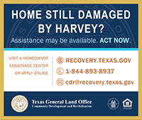 Ad for Hurricane Harvey homeowner assistance from the Texas General Land office. All information provided in text