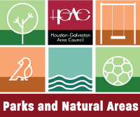 Parks and Natural Areas logo with a tree h-gac logo swing bird water and soccer ball