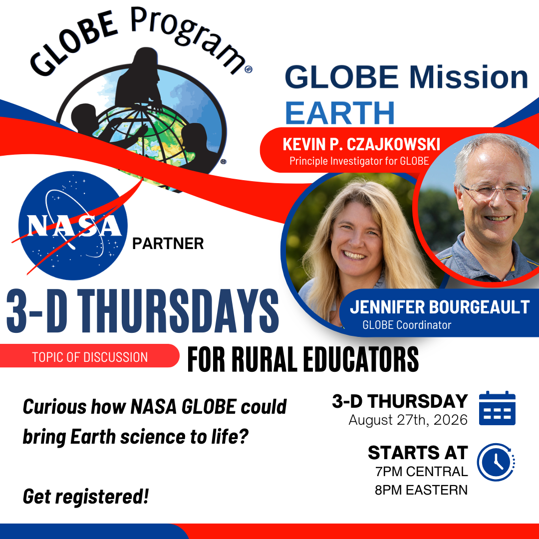 3D Thursdays graphic showing a man and woman who will be guests in a webinar called GLOBE Mission Earth