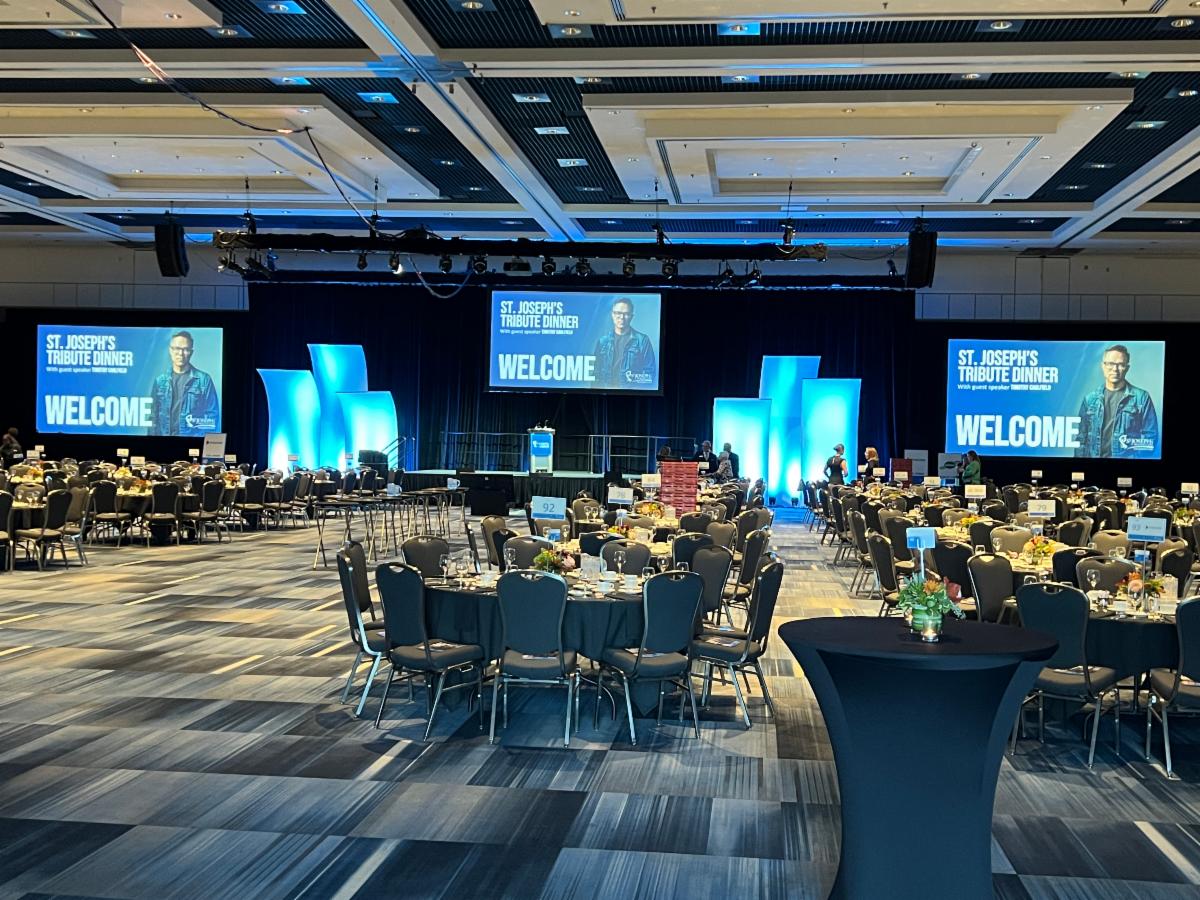 The Grand Ballroom at RBC Place London set and ready to welcome 1000 guests to St Joseph's annual tribute dinner.