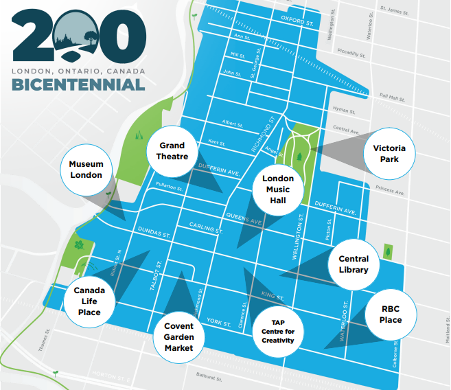 Map of downtown London Ontario highlighting venues and points of interest including RBC Place London