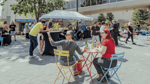 Scenes from the Encore Terrace Summer Series featuring smiling guests, people listening to music, people eating at colourful tables.