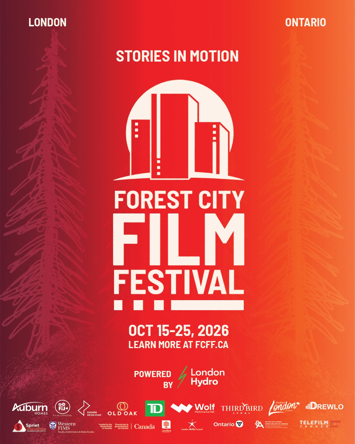 Forest City Film Festival poster featuring the festival logo, London Ontario branding, and the dates October 15–25, 2026.