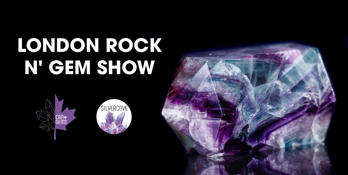 White text on black background beside image of purple gemstone reads London Rock & Gem Show