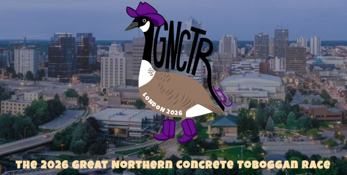 Aerial photo of London with drawing of a Canadian good wearing a purple cowboy hat and boots with the words Great Northern Concrete Toboggan Race 2026
