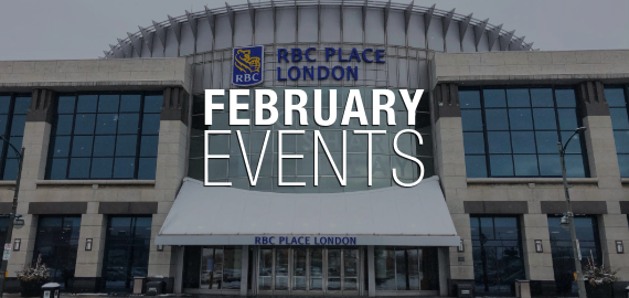 photo of RBC Place London building facade in winter with the words February Events overlayed