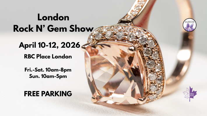 Close-up of a sparkling gemstone ring with diamonds promoting the London Rock N’ Gem Show at RBC Place April 10-12, 2026, with free parking.