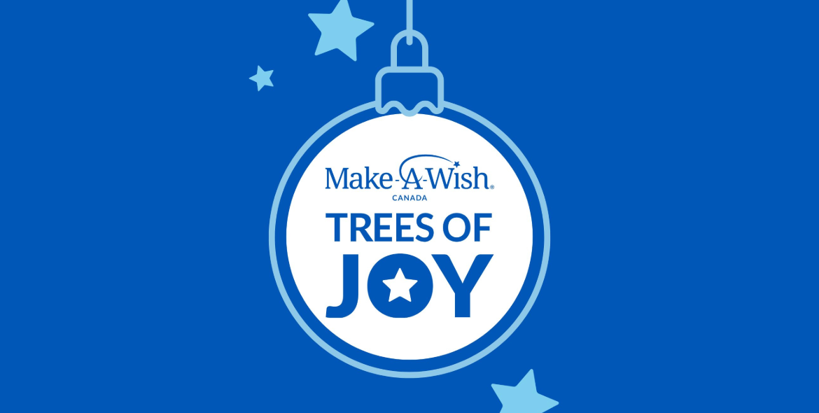christmas ball on blue background with white text reads make a wish canada trees of joy