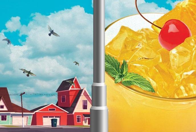 illustration of a red house in front of a cloudy sky with birds flying next to a large orange drink with ice, mint and a cherry. This is the cover art for Primary Trust, a new show at the Grand Theatre in London.