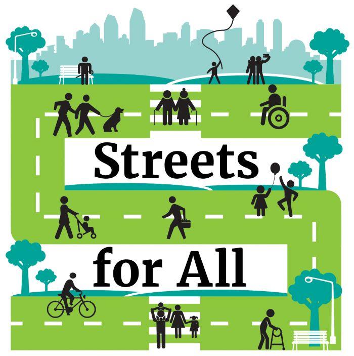 Streets for all logo showing various people enjoying a safe green street
