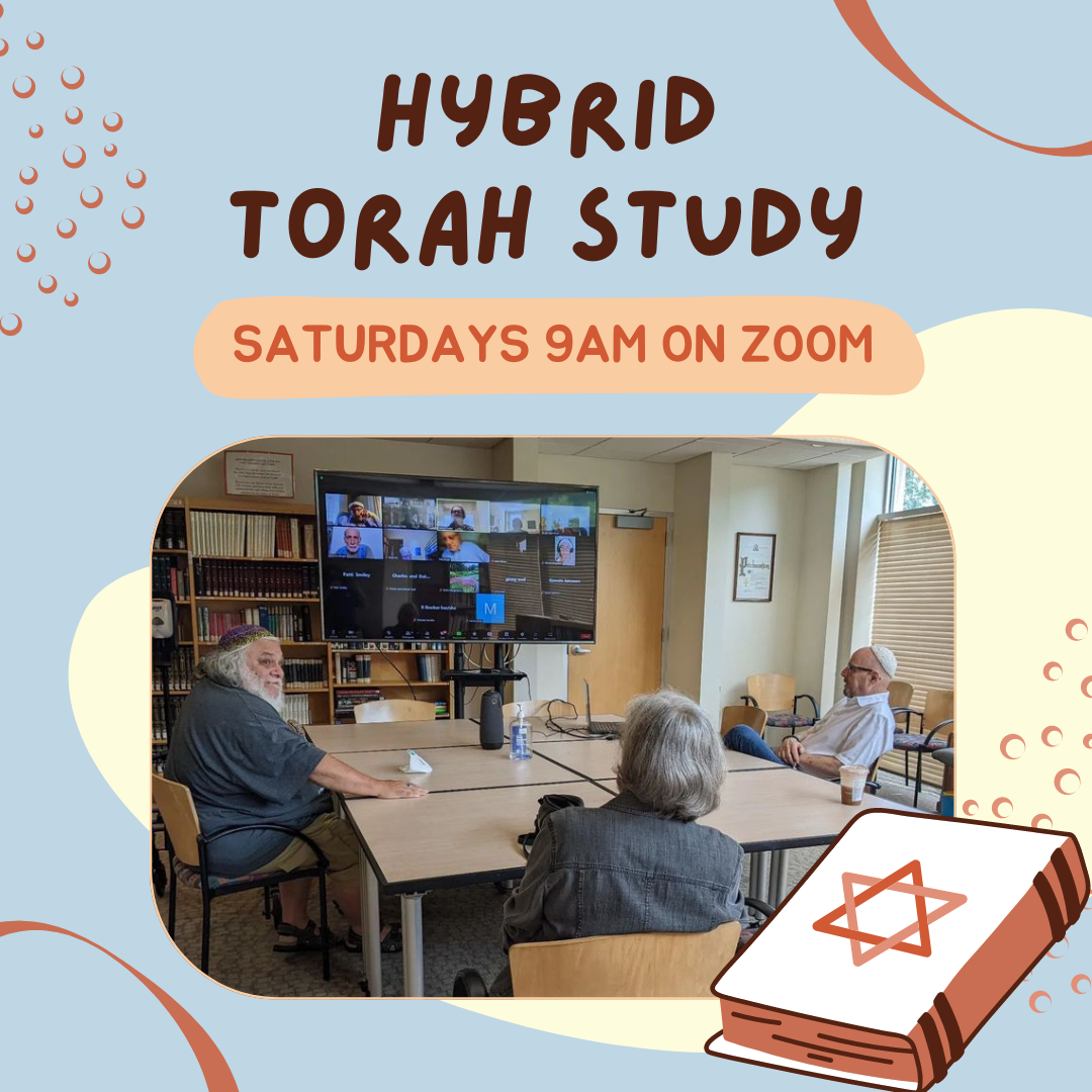 Three CRC members join the Torah Study zoom from the CRC library using an OWL camera and large television. On the TV 15 plus CRC members join the Zoom from home.