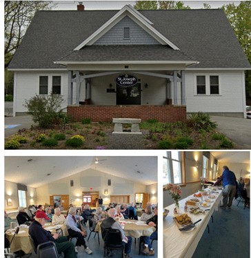 Three pictures of the St. Joseph Center building, a group of senior college members seated at round tables and listening to a speaker, and a long buffet table with food and a person selecting from it.