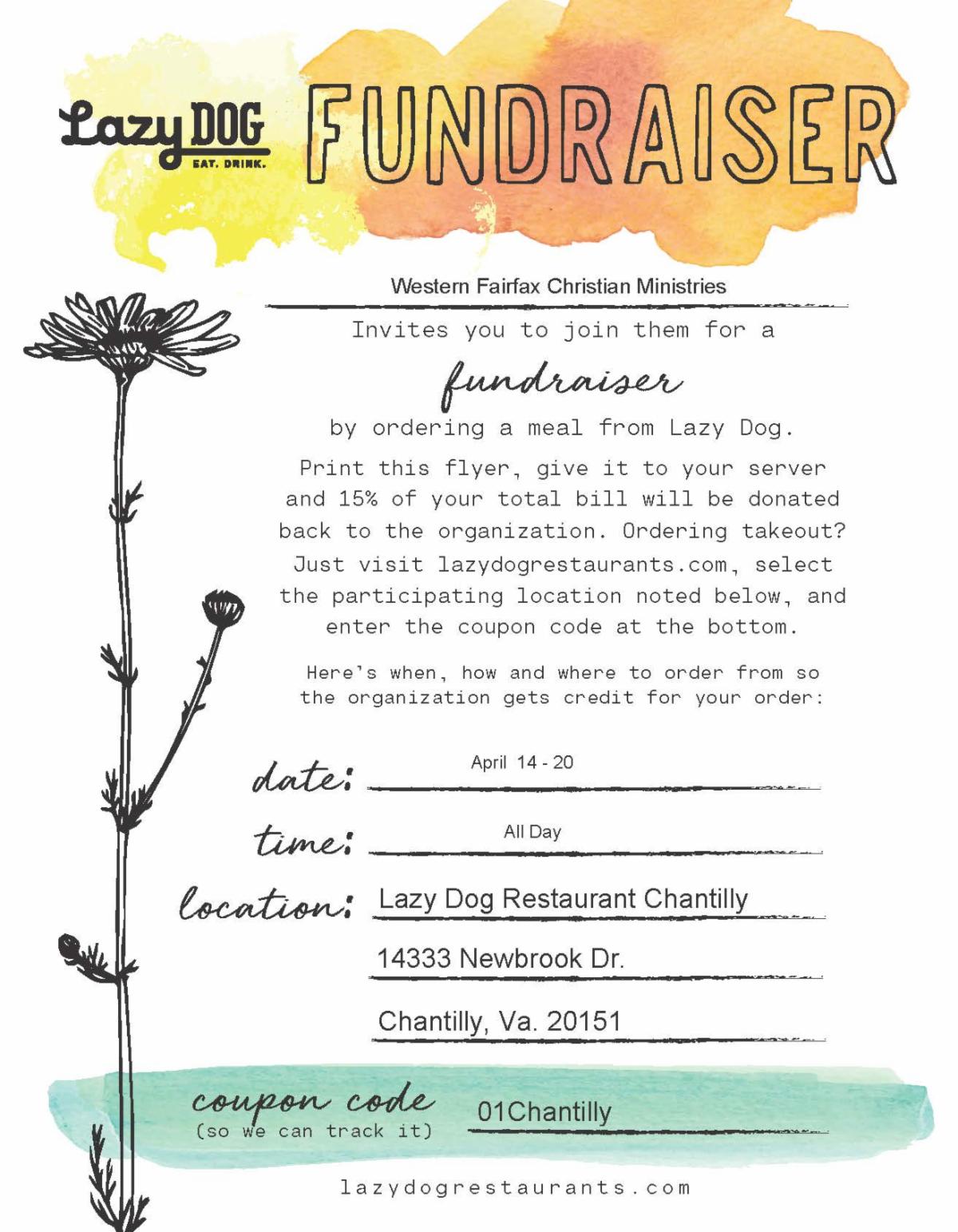 Lazy Dog Chantilly - WFCM Fundraiser Flyer - April 14-20-2025